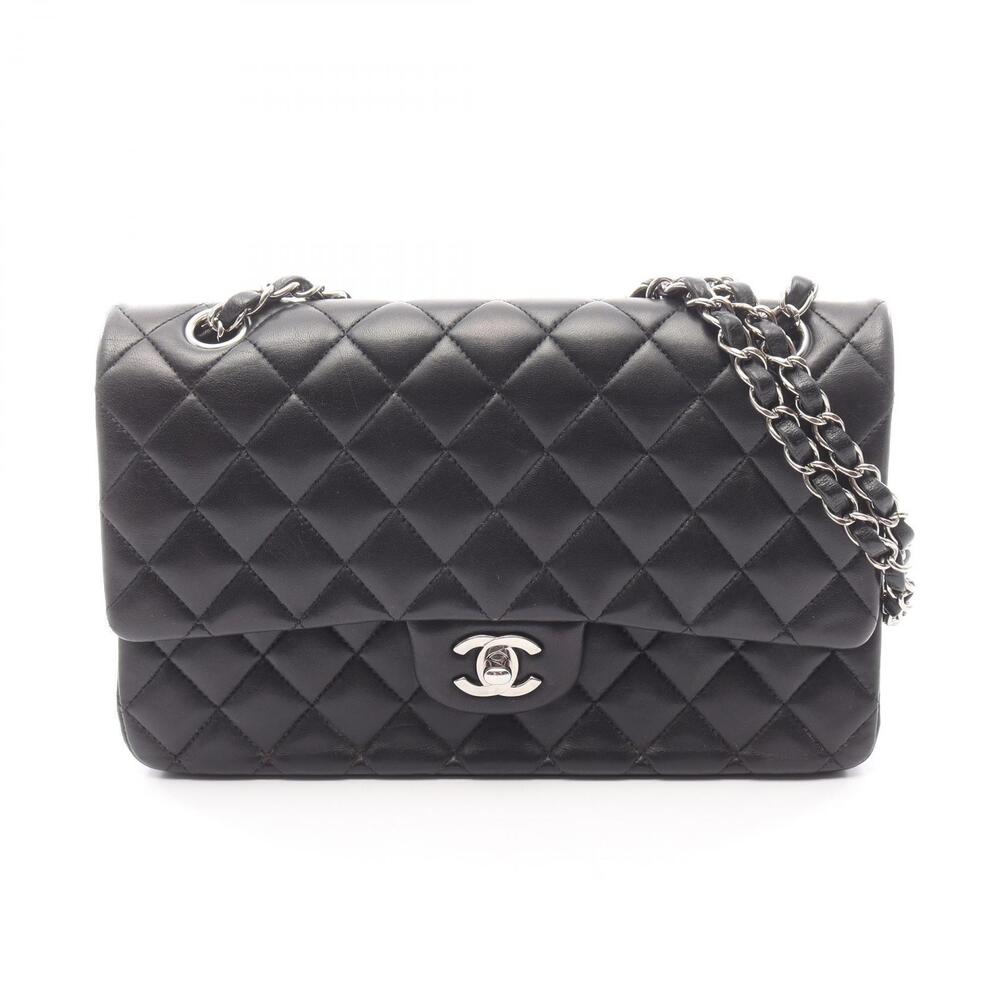 Chanel Matelasse Double Flap Shoulder Bag Lambskin Sheepskin Black